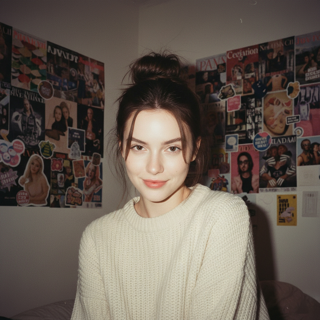 90s flash photography portrait with porcelain skin